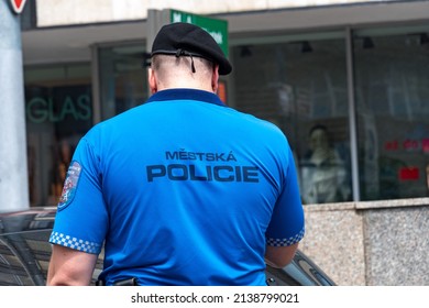 Prague, Czech Republic - July 24, 2020: Back Turned Czech Police Officer