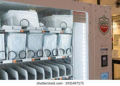 Prague, Czech Republic - July 25, 2020: Batist Medical vending machines for masks, gloves and hand sanitiser
