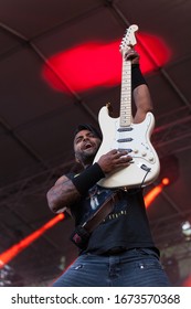 PRAGUE, CZECH REPUBLIC- JUNE 18 2019: Canadian Guitarist Dave Baksh Plays On A Stage With His Band Sum 41 In Prague, Czech Republic