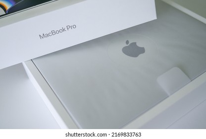 PRAGUE, CZECH REPUBLIC - June 18, 2022: New Apple MacBook Pro Laptop With Retina Display And Force Touch During The Unboxing. It Is A Laptop Computer That Produced By Apple Inc.