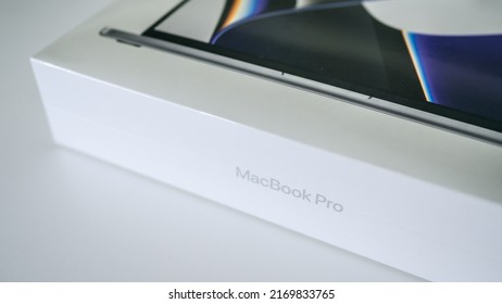 PRAGUE, CZECH REPUBLIC - June 18, 2022: New Apple MacBook Pro Laptop With Retina Display And Force Touch During The Unboxing. It Is A Laptop Computer That Produced By Apple Inc.