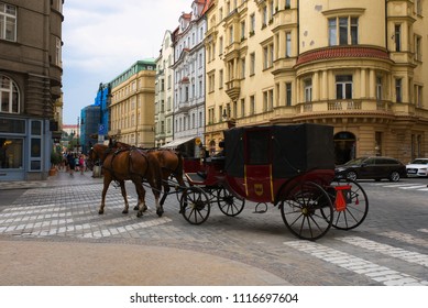 PRAGUE, CZECH REPUBLIC - JUNE 2018:  Horse-driving card in the center of Prague