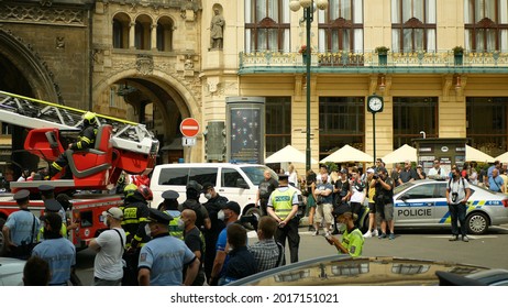 PRAGUE, CZECH REPUBLIC, JUNE 28, 2021: Extinction Rebellion Demonstration Blocking Block Blockade, People Are Watching The Building Bank And Activists Protesters, Aerial Work Platform, Prague