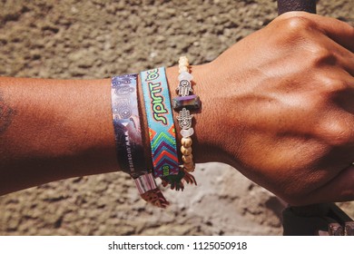 Prague, Czech Republic, June 29, 2018: Male Hand With Attend Music Festival Member Bracelets, Illustrative Editorial