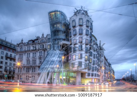 Prague, Czech Republic - March 18, 2017: Evening view of the Dancing House