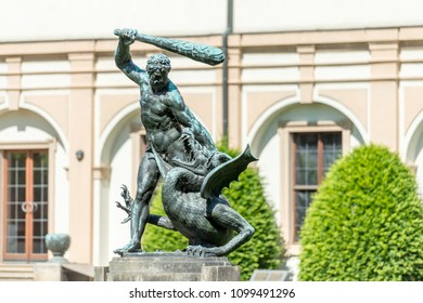 Prague, Czech Republic- May 06, 2018: Statues existing inside Waldstein Palace Gardens.