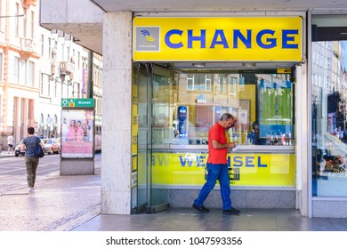 PRAGUE, CZECH REPUBLIC - MAY 2017: Travel Currency Exchange Counter Service. Money Exchange Shop In Prague For Visitor And Tourist.