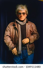 PRAGUE, CZECH REPUBLIC - MAY 2017: Wax Statue Of Andy Warhol In A Wax Statue Museum In The Czech Republic In The Capital Prague