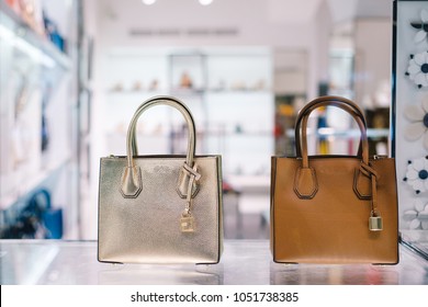 PRAGUE, CZECH REPUBLIC - MAY 2017: Luxury Handbags In A Boutique Store