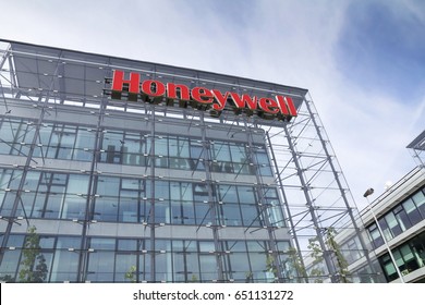 PRAGUE, CZECH REPUBLIC - MAY 22: Honeywell Company Logo On Headquarters  Building On May 22, 2017 In Prague, Czech Republic. Honeywell Will Decide By Fall Whether To Spin Off Aerospace Unit.