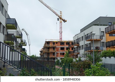 Prague, Czech Republic - May 23 2020: New Modern Residential Building Contruction Work With Crane In Aglomeration Of Prague City Center