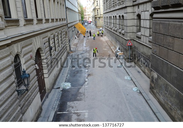 PRAGUE, CZECH REPUBLIC Ã¢Â?Â? MAY 4:\
Debris removal after gas explosion of April 29 on May 4, 2013 in\
the tourist-filled Old Town, Prague, Czech\
republic.