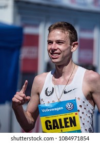 Prague, Czech Republic - May 6, 2018: Galen Rupp Winner Of Marathon In Prague At The Finish Of The Race.. Volkswagen Prague Marathon 2018 In Prague, Czech Republic