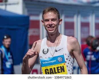 Prague, Czech Republic - May 6, 2018: Galen Rupp Winner Of Marathon In Prague At The Finish Of The Race.. Volkswagen Prague Marathon 2018 In Prague, Czech Republic