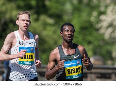 Prague, Czech Republic - May 6, 2018: Galen Rupp Runs With Sissay Lema On The Marathon Track In Prague. Volkswagen Prague Marathon 2018 In Prague, Czech Republic