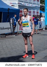 Prague, Czech Republic - May 6, 2018: Galen Rupp Winner Of Marathon In Prague At The Finish Of The Race.. Volkswagen Prague Marathon 2018 In Prague, Czech Republic