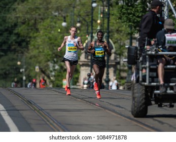 Prague, Czech Republic - May 6, 2018: Galen Rupp Runs With Sissay Lema On The Marathon Track In Prague. Volkswagen Prague Marathon 2018 In Prague, Czech Republic