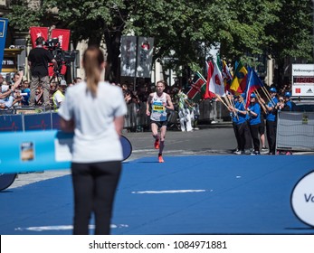 Prague, Czech Republic - May 6, 2018: Galen Rupp Winner Of Marathon In Prague At The Finish Of The Race.. Volkswagen Prague Marathon 2018 In Prague, Czech Republic