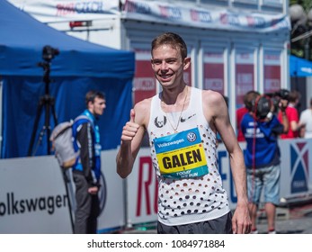 Prague, Czech Republic - May 6, 2018: Galen Rupp Winner Of Marathon In Prague At The Finish Of The Race.. Volkswagen Prague Marathon 2018 In Prague, Czech Republic