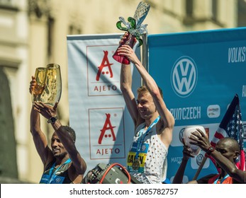 Prague, Czech Republic - May 6, 2018: Galen Rupp Winner Of Marathon In Prague At The Finish Of The Race.. Volkswagen Prague Marathon 2018 In Prague, Czech Republic