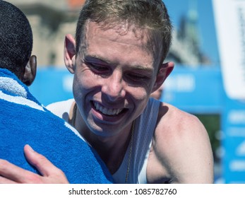 Prague, Czech Republic - May 6, 2018: Galen Rupp Winner Of Marathon In Prague At The Finish Of The Race.. Volkswagen Prague Marathon 2018 In Prague, Czech Republic