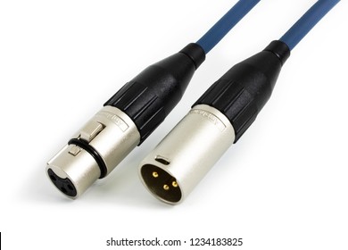 Prague, CZECH REPUBLIC - NOVEMBER 19, 2018: Detail of male and female XLR connectors by Australian company Amphenol with gold plated pins with cable laid on white background