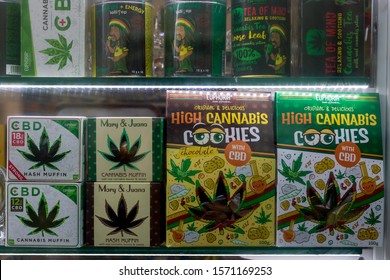 PRAGUE, CZECH REPUBLIC - NOVEMBER 23, 2019: Store with legal cannabis food. Tea, lollipops, muffins  and cookies with cannabis in showcase - Shutterstock ID 1571169253