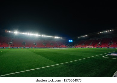 Prague, Czech Republic - November 27, 2019: Wide View Of Sinobo Stadium (Eden Aréna And Synot Tip Arena) Before He Match UEFA Champions League Slavia Vs Inter. Photo In Low Key.