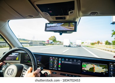 Prague, Czech Republic - October 02, 2020. Yellow Green Electric Honda E - Camera As A Rearview Mirror