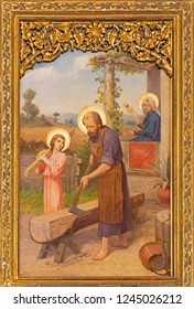 PRAGUE, CZECH REPUBLIC - OCTOBER 12, 2018: The painting of Holy Family in church Bazilika svatého Petra a Pavla na Vyšehrade by S. G. Rudl (1895).