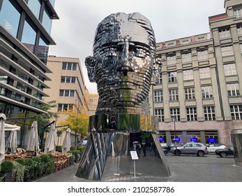 PRAGUE, CZECH REPUBLIC - OCTOBER 14, 2021: Franz Kafka's Head Sculpture In Prague A Work Of Kinetic Art