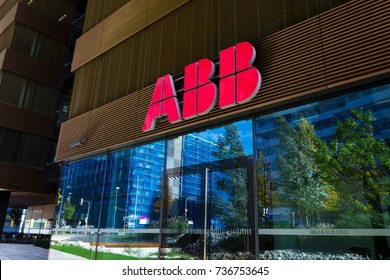 PRAGUE, CZECH REPUBLIC - OCTOBER 14: ABB company logo on headquarters  building on October 14, 2017 in Prague, Czech republic. ABB develops microgrid solution for battery energy storage.