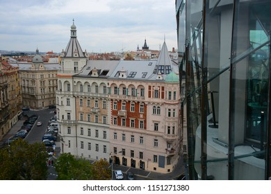 Prague, Czech Republic, October 25, 2017:  Beautiful cityscape from the rooftop view point of Dancing House located in Prague 2 district