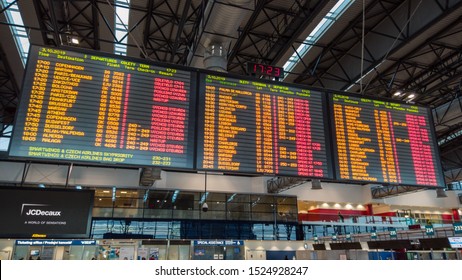 Prague, Czech Republic. October 3, 2019. Monitors With Departures And Arrivals Flights At Václav Havel Or Letiště Václava Havla Praha International Airport