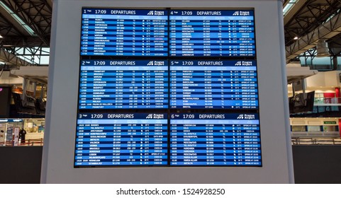 Prague, Czech Republic. October 3, 2019. Monitors With Departures And Arrivals Flights At Václav Havel Or Letiště Václava Havla Praha International Airport