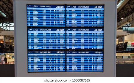 Prague, Czech Republic. October 3, 2019. Monitors With Departures And Arrivals Flights At Václav Havel Or Letiště Václava Havla Praha International Airport