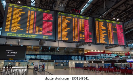 Prague, Czech Republic. October 3, 2019. Monitors With Departures And Arrivals Flights At Václav Havel Or Letiště Václava Havla Praha International Airport