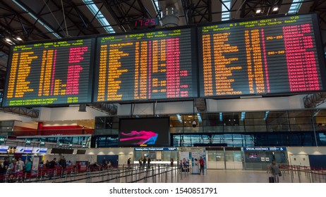 Prague, Czech Republic. October 3, 2019. Monitors With Departures And Arrivals Flights At Václav Havel Or Letiště Václava Havla Praha International Airport