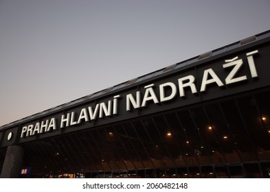 Prague, Czech Republic - October 9 2021: Name Sign In Front Of Praha Hlavni Nadrazi Principal Main Railway Station In Prague, Czech Republic.