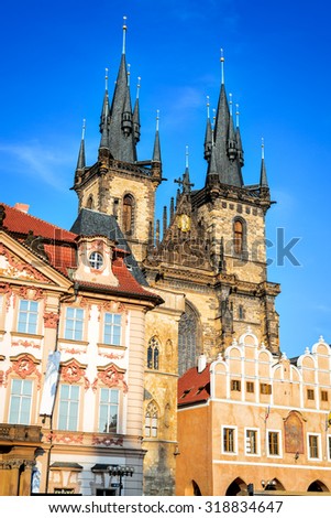Prague, Czech Republic. One of Stare Mesto symbols, Church of Our Lady of Tyn, with gothic facade and 80 meters towers, Bohemia landmark.