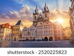 Prague, Czech Republic. Panoramic sunset view at Church of Our Lady Before Tyn the Old Town Square Praha city. Evening in prague, popular travel destination Europe.