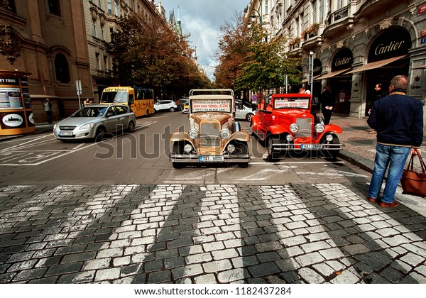Prague, Czech Republic,\
September 15, 2018: old vintage touristic retro car on the street\
in Prague used for tourist excursions at the center of old Prague,\
Czech Republic.