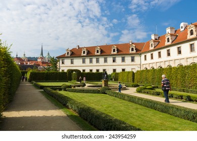 PRAGUE, CZECH REPUBLIC - SEPTEMBER 19, 2014: Wallenstein Palace and Wallenstein Garden. Wallenstein Palace is a Baroque palace in Mala Strana, currently the home of the Czech Senate.