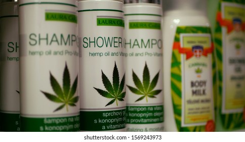 PRAGUE, CZECH REPUBLIC, SEPTEMBER 9, 2019: Cannabis Shower Oil Gel Shampoo Vitamins Shop Or Store Prague, Packaged Hemp Cannabidiol CBD, Leaf Symbol, Packaging Plastic