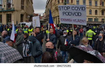 Prague, Czechia - 10 28 2020: Protest Against Coronavirus Restrictions And Government Czech Republic