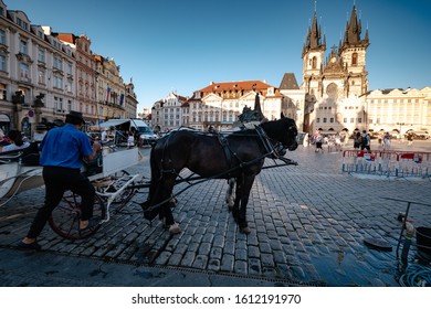 Prague, Czechia - 10.08.2019. The architecture of the old city of Prague. Ancient buildings, cozy streets. A cart with horses rides in the middle of the street of the old city.
