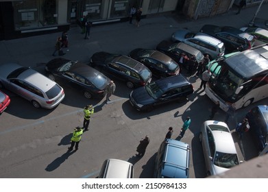 PRAGUE, CZECHIA - Mar 27, 2014: An Illegally Double-parked Ford Mondeo Station Wagon  On Stepanska Street Blocks A Tour Bus, Causing A Traffic Jam. Local News.