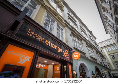 PRAGUE, CZECHIA - NOVEMBER 1, 2019: Interchange Logo In Front Of Their Local Exchange Office In Prague. Inter Change Is A European Financial Establishment Specialized In Currency Exchange.

