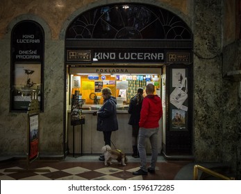 PRAGUE, CZECHIA - NOVEMBER 2, 2019: Kino Lucerna Cinema Ticket Booth With Clients Waiting To Buy A Ticket To Watch Some Movies. It Is A Major Cultural Landmark And A Monument.

