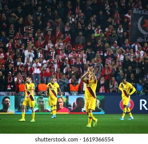 PRAGUE, CZECHIA - OCTOBER 23, 2019: Barcelona Players Thank Fans After The UEFA Champions League Game Against Slavia Praha At Eden Arena In Prague. Barcelona Won 2-1